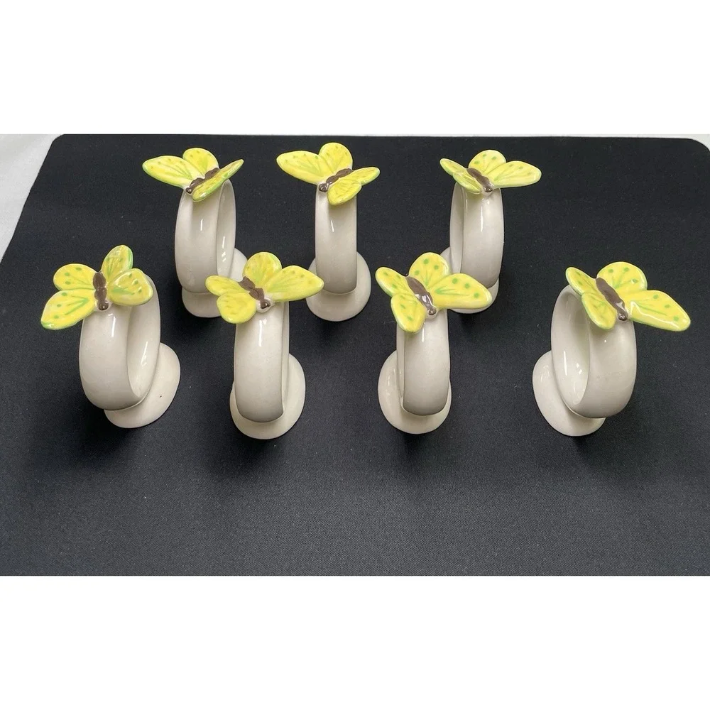 Vintage 1977 Porcelain Yellow & Green Butterfly Napkin Rings Holders Set of 7